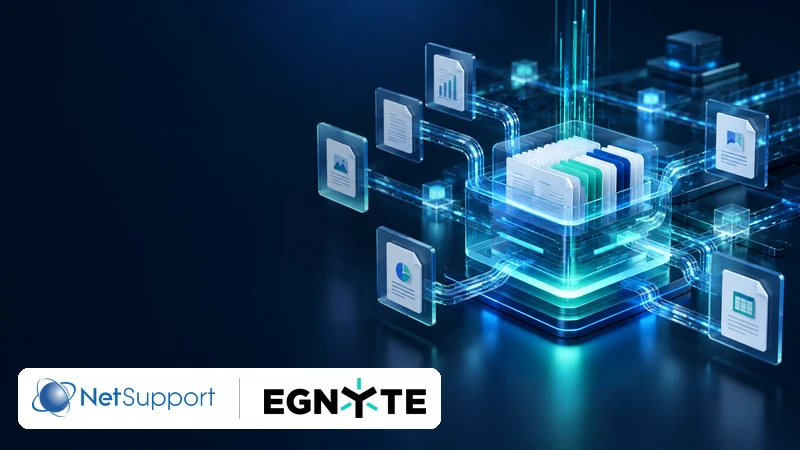 Plataforma de gestión segura de archivos representada junto a los logos de NetSupport y Egnyte