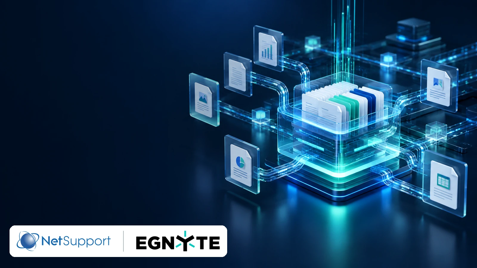 Plataforma de gestión segura de archivos representada junto a los logos de NetSupport y Egnyte